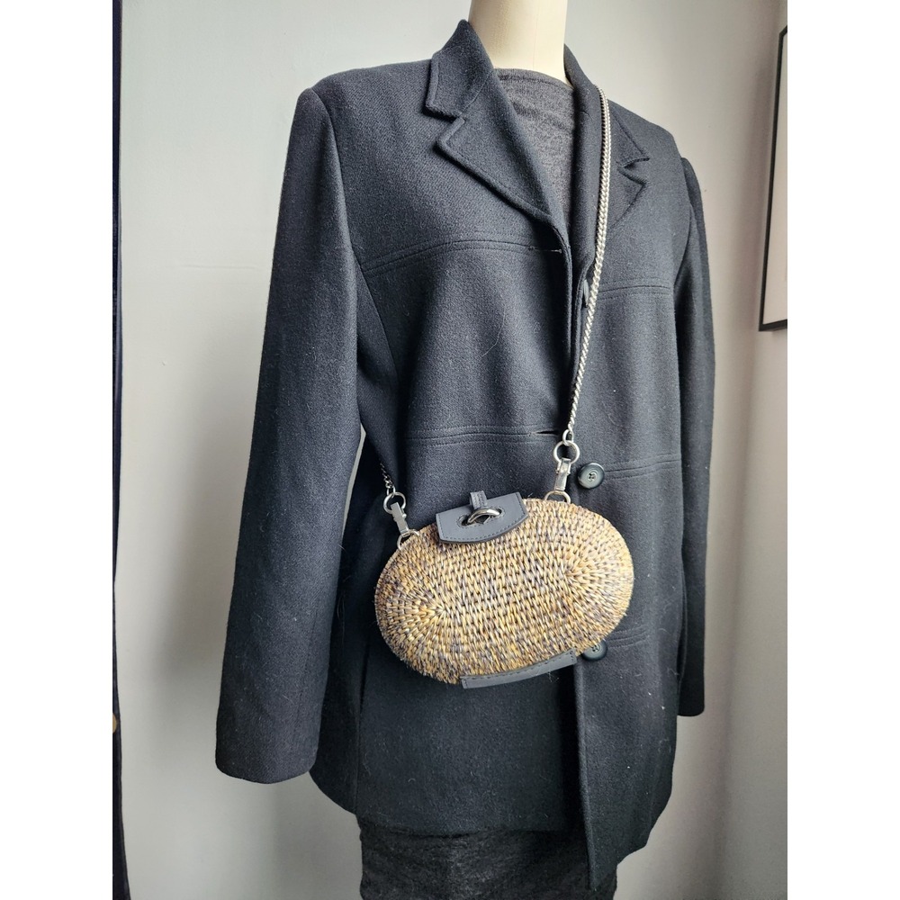 Khokho Raffia Straw Clutch Crossbody Bag Natural Black Chain Strap Handwoven